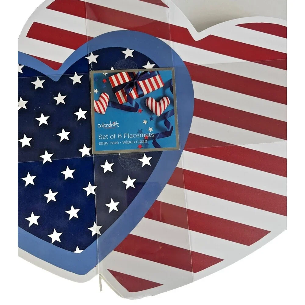 Heart Flag Placemats Red White Blue Set of 6 Vinyl Foam Back 15x20 July 4th